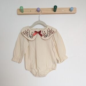 12-18M - Cream Baby Romper with Embroidered Peter Pan Collar and Red Bow